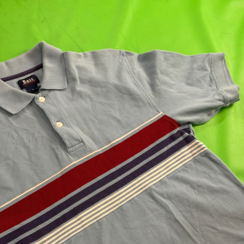 VTG 90s G H Bass Co Polo Mens S Blue Chest Striped 100% Cotton Pique Knit Shirt